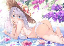 Rule 34 | 1girl, arched back, ass, bare arms, bare shoulders, barefoot, bikini, blue eyes, bracelet, breasts, brown hat, flower, from side, hat, hat flower, head rest, hibiscus, jewelry, large breasts, long hair, looking at viewer, looking to the side, lying, on stomach, original, oryo (oryo04), parted lips, petals, purple flower, side-tie bikini bottom, silver hair, solo, straw hat, string bikini, swimsuit, thighs, water, wedgie, wet, white bikini