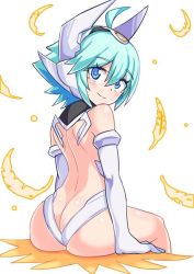 Rule 34 | 1girl, alternate costume, ass, azure striker gunvolt, bare shoulders, blue eyes, blush, butt crack, cougar (cougar1404), elbow gloves, feathers, from behind, gloves, green hair, huge ass, looking at viewer, looking back, roro (gunvolt), shiny skin, short hair, sitting, smile, solo