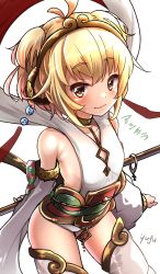 Rule 34 | 1girl, absurdres, andira (granblue fantasy), animal ears, antenna hair, bare shoulders, blonde hair, brown eyes, circlet, commentary request, cowboy shot, detached sleeves, erune, granblue fantasy, hagoromo, highres, looking at viewer, monkey ears, monkey girl, monkey tail, shawl, short hair, simple background, smile, solo, staff, tail, thighhighs, two side up, white background, yufuissei0702