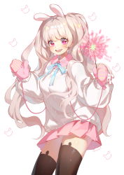 Rule 34 | 1girl, :d, animal ear legwear, animal ears, black thighhighs, blue ribbon, blush, collared shirt, fireworks, highres, long hair, long sleeves, looking at viewer, miniskirt, mittens, neck ribbon, open mouth, original, pink eyes, pink mittens, pink shirt, pink skirt, rabbit ear legwear, rabbit ears, ribbon, shirt, skirt, smile, solo, sparkler, sweater, teeth, thighhighs, twintails, white hair, white sweater, ziyue