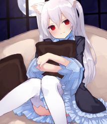 Rule 34 | 1girl, animal ear fluff, animal ears, blush, buran buta, cat ears, dress, hair between eyes, highres, long hair, looking at viewer, nora cat, nora cat channel, hugging object, pillow, pillow hug, red eyes, sitting, smile, solo, thighhighs, virtual youtuber, white thighhighs