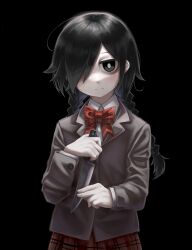 Rule 34 | 1girl, absurdres, ahoge, bags under eyes, black background, black eyes, black hair, blush, bow, bowtie, braid, bright pupils, buttoned cuffs, buttons, closed mouth, collared shirt, diu9you, dress shirt, fingernails, funamusea, grey jacket, hair over one eye, highres, holding, holding knife, jacket, knife, kurai yonaka, long hair, long sleeves, mogeko castle, pale skin, plaid, plaid bow, plaid bowtie, plaid skirt, pleated skirt, red bow, red bowtie, red skirt, school uniform, shirt, simple background, skirt, smile, solo, split mouth, standing, twin braids, white pupils, white shirt