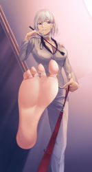Rule 34 | 1girl, absurdres, bandaged neck, bandages, barefoot, bdsm, blazer, breasts, business suit, cleavage, closed mouth, collarbone, feet, foot focus, foot up, formal, from below, girls&#039; frontline, grey blazer, grey pants, highres, holding, holding leash, holding whip, jacket, leash, leash pull, looking at viewer, medium breasts, medium hair, pants, purple eyes, rpk-16 (girls&#039; frontline), rpk-16 (renate) (girls&#039; frontline), sadism, silver hair, simple background, smirk, soles, solo, suit, swallow zzy, toes, whip