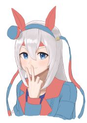 Rule 34 | 1girl, animal ears, asobi nin, blue eyes, blue hairband, blue jacket, blush, closed mouth, commentary request, ear covers, fang, grey hair, hair between eyes, hairband, highres, horse ears, horse girl, jacket, long sleeves, open clothes, open jacket, simple background, skin fang, smile, solo, tamamo cross (umamusume), umamusume, v, v over mouth, white background