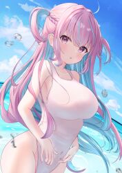 Rule 34 | 1girl, :o, absurdres, ahoge, bare arms, bare shoulders, blue hair, blue sky, blush, braid, breasts, bubble, cloud, colored inner hair, commentary request, competition swimsuit, covered navel, day, dutch angle, floating hair, groin, highleg, highleg swimsuit, highres, hololive, impossible clothes, impossible swimsuit, kagura nagi, large breasts, long hair, looking at viewer, minato aqua, multicolored hair, ocean, one-piece swimsuit, outdoors, parted lips, purple eyes, purple hair, sky, solo, streaked hair, swimsuit, two-tone hair, two side up, very long hair, virtual youtuber, water, white one-piece swimsuit
