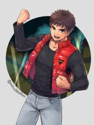 Rule 34 | 1boy, black shirt, bomber jacket, brown eyes, brown hair, circle, cityscape, clenched hands, collarbone, denim, highres, jacket, jeans, looking at viewer, male focus, open mouth, pants, sengoku subara, shirt, short hair, smile, thick eyebrows, tiger &amp; bunny, torakichi (ebitendon), vest