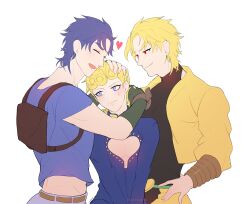 Rule 34 | 3boys, 66 gousen, backpack, bag, belt, blonde hair, blue hair, blush, bracelet, closed eyes, closed mouth, dio brando, family, father and son, fingerless gloves, giorno giovanna, gloves, heart, hug, jacket, jewelry, jojo no kimyou na bouken, jonathan joestar, long hair, long sleeves, looking at another, male focus, multiple boys, pants, phantom blood, shirt, short hair, simple background, smile, stardust crusaders, sweatdrop, vento aureo, white background, yellow jacket