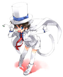 Rule 34 | 1boy, adjusting clothes, adjusting headwear, aged down, animal ears, bad id, bad pixiv id, bent over, blue eyes, blue shirt, blush, brown hair, cape, cat boy, cat ears, cat tail, gloves, hat, kaitou kid, kuroba kaito, looking at viewer, male focus, meitantei conan, monocle, monocle chain, necktie, shirt, shoes, shorts, solo, tail, thighhighs, top hat, toujou sakana, white footwear, white gloves