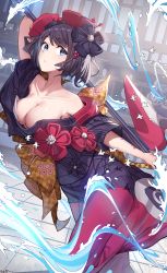 Rule 34 | 1girl, absurdres, bare shoulders, black hair, blue eyes, breasts, cleavage, collarbone, commentary request, fate/grand order, fate (series), giant brush, hair ornament, highres, holding, holding paintbrush, japanese clothes, jeze, katsushika hokusai (fate), kimono, looking at viewer, medium breasts, paintbrush, purple kimono, short hair, solo