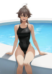 Rule 34 | 1girl, absurdres, ahoge, black one-piece swimsuit, breasts, brown eyes, brown hair, chinese commentary, commentary request, competition swimsuit, feet out of frame, highres, hongdou 00, large breasts, long hair, one-piece swimsuit, open mouth, original, ponytail, pool, poolside, round teeth, simple background, sitting, solo, swimsuit, teeth, upper teeth only, wet, wet clothes, wet swimsuit, white background