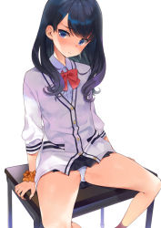 Rule 34 | 10s, 1girl, 3:, arm support, bare legs, black hair, black skirt, blue eyes, blush, bow, bowtie, cardigan, closed mouth, commentary request, desk, feet out of frame, gridman universe, head tilt, highres, jacket, long hair, long sleeves, looking at viewer, microskirt, mirei, on desk, orange scrunchie, panties, pantyshot, pleated skirt, purple socks, red bow, red bowtie, school desk, scrunchie, shirt, simple background, sitting, skirt, socks, solo, spread legs, ssss.gridman, table, takarada rikka, thighs, underwear, white background, white jacket, white panties, white shirt, wrist scrunchie