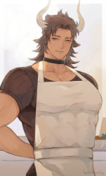 Rule 34 | 1boy, alternate costume, animal ears, apron, arknights, black shirt, brown eyes, brown hair, covered abs, cow boy, cow ears, cow horns, earrings, highres, horns, jewelry, ketanbakar, kitchen, large pectorals, looking at viewer, male focus, matterhorn (arknights), medium hair, muscular, muscular male, pectorals, shirt, simple background, smile, solo, upper body, white apron