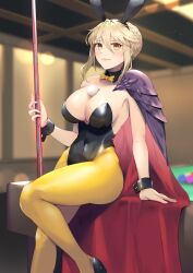 Rule 34 | 1girl, alternate costume, animal ears, artoria pendragon (fate), artoria pendragon (lancer alter) (fate), ball, between breasts, billiard ball, billiards, black leotard, blonde hair, blurry, blurry background, blush, bow, bowtie, braid, breasts, cape, cleavage, closed mouth, collarbone, commentary request, covered navel, cue stick, detached collar, fake animal ears, fate/grand order, fate (series), french braid, hair between eyes, highres, holding, holding cue stick, indoors, large breasts, leotard, lips, looking at viewer, nakaga eri, pantyhose, pink lips, playboy bunny, pool table, rabbit ears, red cape, short hair, sitting, sitting on table, smile, solo, strapless, strapless leotard, table, thighs, wrist cuffs, yellow bow, yellow bowtie, yellow eyes, yellow pantyhose