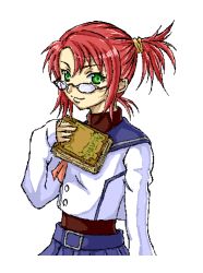 Rule 34 | 00s, 1girl, alternate hairstyle, bespectacled, book, glasses, green eyes, holding, looking at viewer, my-hime, red eyes, school uniform, side ponytail, sleeves past wrists, solo, turtleneck, white background, yakibuta, yuuki nao