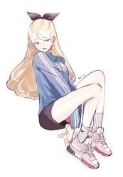 Rule 34 | 10s, alternate costume, artist name, assam (girls und panzer), between legs, black ribbon, blonde hair, blue eyes, blush, girls und panzer, hair between eyes, hair ribbon, hand between legs, long hair, looking away, open mouth, ribbon, shoes, sketch, sneakers, socks, umiu (hoge), v arms, white background