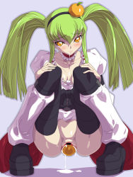 Rule 34 | 00s, 1girl, breasts, c.c., censored, code geass, cum, cum in pussy, cum plugged, food, food dildo, food insertion, fruit, fruit insertion, green hair, highres, no panties, object insertion, orange (fruit), orange eyes, pussy, saliva, solo, squatting, tears, thighhighs, twintails, vaginal, vaginal object insertion, yellow eyes