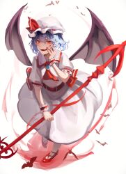 Rule 34 | 1girl, absurdres, ascot, bat (animal), bat wings, blue hair, dress, full body, hat, hat ribbon, highres, looking at viewer, red ascot, red eyes, red footwear, red ribbon, remilia scarlet, ribbon, short hair, short sleeves, simple background, solo, spear the gungnir, touhou, white background, white dress, white hat, wings, wrist cuffs, yuhel