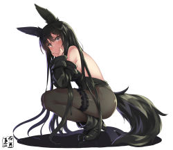 Rule 34 | 1girl, animal ears, backless leotard, bare shoulders, black footwear, black hair, black leotard, black pantyhose, blush, boots, breasts, commentary request, detached sleeves, from side, full body, head rest, highres, itou ryuusei, leotard, long hair, long sleeves, looking at viewer, medium breasts, original, pantyhose, playboy bunny, shoes, sideboob, simple background, smile, solo, squatting, strapless, strapless leotard, tail, thigh strap, very long hair, white background