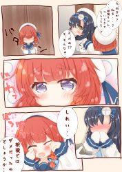 Rule 34 | 2girls, absurdres, beret, black hair, blue bow, blue neckwear, blue sailor collar, blush, bow, braid, brown hair, closed eyes, comic, commentary request, covering own mouth, crying, etorofu (kancolle), fingernails, gloves, green eyes, hair between eyes, hair bow, hat, highres, jewelry, kantai collection, long hair, long sleeves, marriage proposal, matsuwa (kancolle), multiple girls, necktie, nose blush, purple eyes, ridy (ri sui), ring, ring box, sailor collar, school uniform, serafuku, shirt, tears, translation request, twin braids, wedding band, white gloves, white hat, white shirt, wiping tears