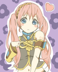 Rule 34 | 1girl, :&lt;, alternate hairstyle, aqua eyes, bad id, bad pixiv id, blush, booota, buuta, heart, long hair, looking at viewer, megurine luka, navel, pink hair, solo, twintails, vocaloid