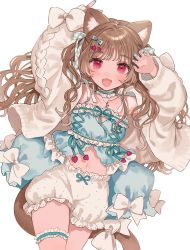 Rule 34 | 1girl, :d, animal ear fluff, animal ears, arms up, bare shoulders, bloomers, bow, brown hair, cat ears, cat girl, cat tail, collarbone, commentary request, fang, highres, jacket, long hair, long sleeves, looking at viewer, maomao (marble creators), marblecreators, miyako (xxxbibit), navel, open clothes, open jacket, open mouth, red eyes, simple background, sleeves past wrists, smile, solo, tail, tail bow, tail ornament, underwear, very long hair, virtual youtuber, white background, white bloomers, white bow, white jacket