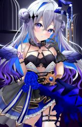 Rule 34 | 1girl, absurdres, amane kanata, amane kanata (another world), angel wings, arm belt, arm tattoo, bare shoulders, black bra, black collar, black gloves, black skirt, blue hair, blue wings, blush, bra, breasts, collar, colored inner hair, cowboy shot, crossed bangs, double bun, feathered wings, frilled skirt, frills, glint, gloves, gradient eyes, gradient wings, grey hair, hair between eyes, hair bun, hair ornament, halo, highres, hololive, long hair, looking at viewer, mini wings, multicolored eyes, multicolored hair, multicolored wings, o-ring, o-ring thigh strap, parted lips, purple eyes, purple hair, sidelocks, single thighhigh, skirt, small breasts, solo, star halo, streaked hair, tattoo, thigh strap, thighhighs, underwear, uni ikura, virtual youtuber, white wings, wings