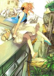 Rule 34 | 1girl, bare shoulders, barefoot, blue eyes, chinese clothes, city, cityscape, couch, drainpipe, feet, gintama, hair bun, industrial pipe, jikayahato, kagura (gintama), legs, power lines, rabbit, red hair, shoes, single hair bun, single shoe, sitting, solo, toes, umbrella, wire