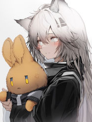 Rule 34 | 1girl, absurdres, anger vein, animal ear fluff, animal ears, arknights, black jacket, blush, closed mouth, gradient background, grey background, hair between eyes, hair ornament, highres, hugging doll, hugging object, jacket, lappland (arknights), long hair, long sleeves, looking at viewer, parted lips, scar, scar across eye, scar on face, smile, tab head, upper body, white eyes, white hair