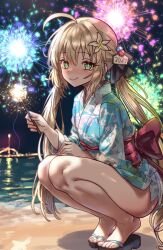 Rule 34 | 1girl, 2024, absurdres, ahoge, alternate costume, artoria caster (fate), artoria pendragon (fate), bare legs, beach, black bow, blonde hair, blue kimono, bow, commentary, crane print, ebora, english commentary, fate/grand order, fate (series), fireworks, floral print, flower, green eyes, hair between eyes, hair bow, hair flower, hair ornament, happy new year, heel up, highres, holding fireworks, japanese clothes, kimono, long hair, looking at viewer, new year, night, night sky, obi, ocean, outdoors, print kimono, sandals, sash, sky, smile, solo, sparkler, squatting, thighs, toes, twintails, yukata, zouri