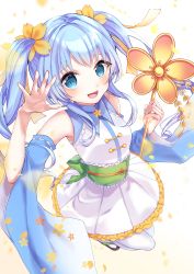 Rule 34 | 1girl, :d, absurdres, bare shoulders, blue eyes, blue hair, blue sleeves, blurry, blurry foreground, blush, brown footwear, cherry blossoms, commentary request, copyright request, depth of field, detached sleeves, flower, frilled skirt, frills, fuyu (xxfylia), hair flower, hair ornament, hands up, highres, holding, long hair, long sleeves, obi, open mouth, orange flower, pantyhose, petals, pleated skirt, ribbon-trimmed sleeves, ribbon trim, sash, shirt, shoes, sidelocks, skirt, sleeveless, sleeveless shirt, smile, solo, twintails, very long hair, white background, white pantyhose, white shirt, white skirt, wide sleeves