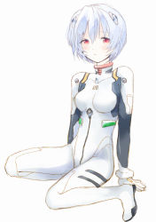 Rule 34 | 1girl, arm support, ayanami rei, blue hair, blush, bodysuit, bracer, from side, full body, gloves, hair between eyes, headgear, looking at viewer, neon genesis evangelion, parted lips, pilot suit, plugsuit, red eyes, short hair, simple background, sitting, sketch, solo, turtleneck, white background, yoshioka mitsuko