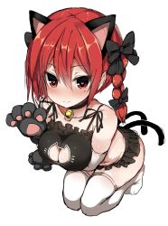 Rule 34 | 1girl, absurdres, animal ears, animal hands, bell, black bow, black choker, bow, braid, breasts, cat cutout, cat ears, cat paws, cat tail, choker, cleavage cutout, closed mouth, clothing cutout, commentary request, extra ears, fang, fang out, full body, greatmosu, hair bow, heart, heart-shaped pupils, highres, kaenbyou rin, large breasts, looking at viewer, medium hair, multiple tails, navel, neck bell, nekomata, red eyes, red hair, seiza, side braids, simple background, sitting, smile, solo, symbol-shaped pupils, tail, thighhighs, touhou, twin braids, two tails, white background, white thighhighs