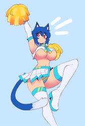 Rule 34 | 1girl, absurdres, animal ear fluff, animal ears, arm up, blue background, blue hair, blue panties, boots, breasts, cat ears, cat girl, cat tail, cheerleader, doce, elbow gloves, female focus, freckles, full body, gloves, hair between eyes, highres, large breasts, leg up, miniskirt, notice lines, original, panties, parted lips, pom pom (cheerleading), purple eyes, short hair, simple background, skirt, solo, striped clothes, striped panties, tail, thigh boots, thighhighs, thighs, underboob, underwear, white thighhighs, xiao (docecaedrus)