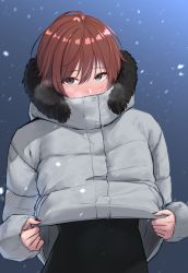 Rule 34 | 1girl, absurdres, ahoge, aketa mikoto, alternate costume, black shirt, blue background, blue eyes, blush, breath, brown hair, brown nails, clothes lift, coat, coat lift, cold, commentary, covered mouth, fur-trimmed hood, fur trim, gradient background, grey coat, hair between eyes, heavy breathing, highres, hood, hooded coat, idolmaster, idolmaster shiny colors, lifting own clothes, long sleeves, looking at viewer, nail polish, shirt, short hair, simple background, sjuno, snowing, solo, taut clothes, taut shirt, undershirt, upper body, winter clothes, winter coat