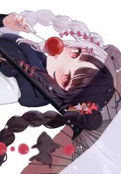 Rule 34 | 1girl, ahoge, black goldfish, black hair, braid, bright pupils, candy, candy apple, double bun, eating, eyeshadow, fish, flower, food, from side, hair bun, hair flower, hair ornament, hand up, highres, holding, holding candy, holding food, japanese clothes, kimono, long hair, looking at viewer, makeup, multicolored hair, nijisanji, official alternate costume, official alternate hairstyle, oil-paper umbrella, parted bangs, pink eyeshadow, pink hair, pink nails, rabbit hair ornament, red eyes, simple background, solo, split-color hair, streaked hair, tongue, tongue out, twin braids, um5pd, umbrella, virtual youtuber, white background, white hair, white kimono, white pupils, yorumi rena, yorumi rena (12th costume)