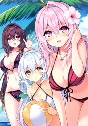 Rule 34 | 3girls, absurdres, ahoge, ball, bare shoulders, beachball, bikini, black hair, blue sky, blush, breasts, cleavage, cloud, cloudy sky, criss-cross halter, cu-no, day, flower, glasses, hair flower, hair ornament, halterneck, hand up, hibiscus, highres, hisen kaede, holding, jewelry, kokonoe tamaki, large breasts, leaning forward, long hair, looking at viewer, medium breasts, multiple girls, navel, necklace, ocean, open mouth, outdoors, palm leaf, palm tree, parted lips, pink hair, purple eyes, rapua qive, red eyes, scan, simple background, sky, smile, stomach, striped, swimsuit, thighs, tree, vertical stripes, water, white hair, yayoi sakura, yellow eyes