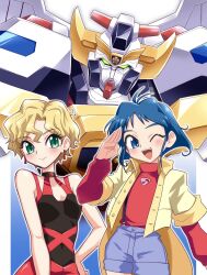 1boy 1girl blonde_hair blue_eyes blue_hair blush breasts deckerd earrings fire_j-decker glowing glowing_eyes green_eyes highres j-decker jewelry looking_at_viewer looking_to_the_side mecha open_mouth regina_argine robot science_fiction shirt short_hair shorts sleeveless smile super_robot tomonaga_yuuta usoco v-fin yuusha_keisatsu_j-decker yuusha_series