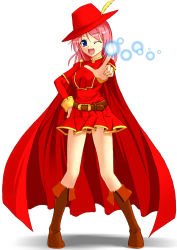 Rule 34 | 1990s (style), 1girl, belt, blue eyes, boots, cape, female focus, final fantasy, final fantasy v, full body, hands on own hips, lenna charlotte tycoon, long hair, magic, one eye closed, open mouth, pink hair, red mage (final fantasy), retro artstyle, solo, uchouten, white background, wink