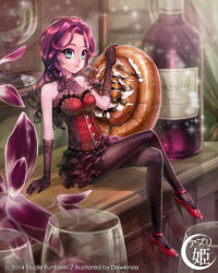 Rule 34 | 10s, 1girl, 2014, alcohol, arm support, artist name, bare shoulders, black gloves, black pantyhose, black skirt, blue eyes, bodice, bottle, cinnamon roll, counter, crossed legs, cup, dawkinsia, dessert, dress, drinking glass, dust, fishnet pantyhose, fishnets, flower, food, foot dangle, frilled skirt, frills, full body, gloves, high heels, icing, indoors, light rays, long hair, looking at viewer, makeup, mascara, mini person, minigirl, miniskirt, original, pantyhose, pastry, pink hair, purple hair, red footwear, shoes, sitting, size difference, skirt, sleeveless, smile, solo, sunlight, table, watermark, wavy hair, wine, wine bottle, wine glass, wood