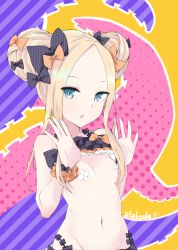 Rule 34 | 1girl, abigail williams (emerald float) (fate), abigail williams (fate), alakoala, artist name, bikini, bikini top lift, black bikini, black bow, blonde hair, blue eyes, bow, breasts, clothes lift, commentary request, covered erect nipples, double bun, emerald float, fate/grand order, fate (series), forehead, groin, hair bow, hair bun, halftone, hands up, highres, lifting own clothes, long hair, navel, official alternate costume, orange bow, parted bangs, parted lips, pasties, polka dot, polka dot bow, side bun, sidelocks, small breasts, solo, suction cups, swimsuit, tentacles