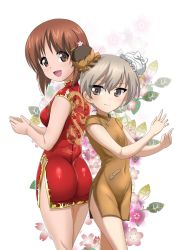 Rule 34 | 10s, 2girls, ass, bandaid, boko (girls und panzer), boko (girls und panzer) (cosplay), brown dress, brown eyes, brown hair, bun cover, china dress, chinese clothes, closed mouth, commentary, cosplay, cowboy shot, dated, double bun, dragon print, dress, floral background, flower, from behind, girls und panzer, hair bun, hair flower, hair ornament, hair up, hairclip, highres, light brown hair, looking at viewer, looking back, multiple girls, nishizumi miho, one-hour drawing challenge, open mouth, own hands together, print dress, red dress, shiina excel, shimada arisu, short dress, short hair, short sleeves, side slit, sleeveless, sleeveless dress, smile, standing, twitter username