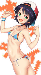 Rule 34 | 1girl, :d, alternate breast size, ass, backwards hat, bare shoulders, baseball cap, bikini, black hair, blush, breasts, collarbone, commentary request, fang, green eyes, halterneck, hat, hololive, kuragari, looking at viewer, oozora subaru, open mouth, short hair, side-tie bikini bottom, simple background, small breasts, smile, solo, string bikini, striped bikini, striped clothes, swimsuit, text background, v-shaped eyebrows, virtual youtuber, white background, wristband