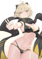 Rule 34 | 1girl, ahoge, bare shoulders, bikini, bkko, black bikini, black bow, black gloves, black scarf, blonde hair, blush, bow, breasts, cleavage, commentary request, fate/grand order, fate (series), gloves, grin, hair between eyes, hair bow, highres, large breasts, looking at viewer, navel, okita j. souji (fate), okita j. souji (first ascension) (fate), okita souji (fate), okita souji (koha-ace), scarf, short hair, simple background, single glove, smile, solo, swimsuit, w, white background, yellow eyes
