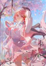 Rule 34 | 1girl, bag, black hat, blinklikeer, blue sky, blurry, blurry background, blurry foreground, cherry blossoms, cherry hair ornament, cherry tree, commentary, cowboy shot, day, falling petals, food-themed hair ornament, hair ornament, hand up, handbag, hat, hatsune miku, highres, holding, holding bag, jacket, jacket on shoulders, light blush, long hair, looking at viewer, outdoors, parted lips, petals, pink eyes, pink hair, pink skirt, pleated skirt, sakura miku, sakura miku (rella), shirt, skirt, sky, smile, solo, symbol-only commentary, twintails, very long hair, vocaloid, white shirt, wind, wind lift
