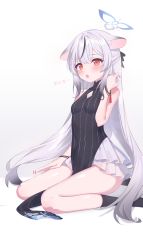Rule 34 | 1girl, animal ears, blue archive, blush, breasts, brown eyes, commentary, grey hair, hair between eyes, halo, highres, kokona (blue archive), long hair, looking at viewer, roin, seiza, simple background, sitting, sleeveless, small breasts, solo, very long hair, white background