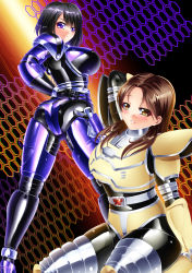 Rule 34 | 2girls, animification, arm up, armor, ass, b-fighter kabuto, black bodysuit, black hair, bodysuit, breastplate, breasts, brown hair, from behind, gun, hand on own hip, handgun, highres, holster, impossible armor, kogawawaki, large breasts, looking at viewer, looking back, metal hero, multiple girls, pistol, purple eyes, shiny clothes, shoulder pads, sitting, skin tight, tokusatsu, weapon, yellow eyes
