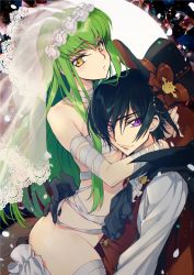 Rule 34 | 1boy, 1girl, bandages, black hair, bodysuit, breasts, bridal veil, c.c., cleavage, closed mouth, code geass, commentary request, cosplay, couple, creayus, green hair, halloween, hetero, lace-trimmed veil, lace trim, lelouch vi britannia, long hair, looking at viewer, medium breasts, mummy, naked bandage, no panties, purple eyes, short hair, simple background, smile, straddling, veil, white bodysuit, yellow eyes