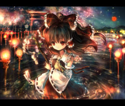 Rule 34 | 1girl, bare shoulders, bow, brown hair, cherry blossoms, detached sleeves, female focus, flower, gohei, hair bow, hakurei reimu, holding, japanese clothes, letterboxed, lights, miko, moon, night, night sky, ofuda, onineko, red eyes, red moon, ribbon, sky, smile, solo, sparkle, submerged, torii, touhou, wading, water