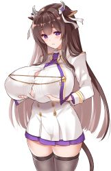 Rule 34 | 1girl, animal ears, azur lane, black thighhighs, blunt bangs, bow, bowtie, breast conscious, breast lift, breasts, brown hair, button gap, buttons, cleavage, collared shirt, cow ears, cow girl, cow horns, cow tail, cowboy shot, double-breasted, expressionless, hair ribbon, highres, hirase yuu, horns, huge breasts, impossible clothes, jacket, kashino (azur lane), lifting own clothes, long hair, long sleeves, looking down, miniskirt, purple bow, purple bowtie, purple eyes, purple skirt, ribbon, shirt, sidelocks, simple background, skirt, solo, tail, taut clothes, thighhighs, uniform, white background, white jacket, white ribbon