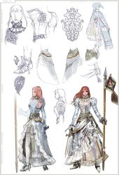 Rule 34 | 1girl, alternate costume, armor, armored dress, bandai namco, banner, character sheet, concept art, crest, dress, frilled thighhighs, frills, gauntlets, high heels, hildegard von krone, lance, long hair, mole, namco, official art, polearm, puff and slash sleeves, puffy sleeves, red hair, shoes, short sword, side slit, soul calibur, soulcalibur, soulcalibur iv, sword, thighhighs, weapon